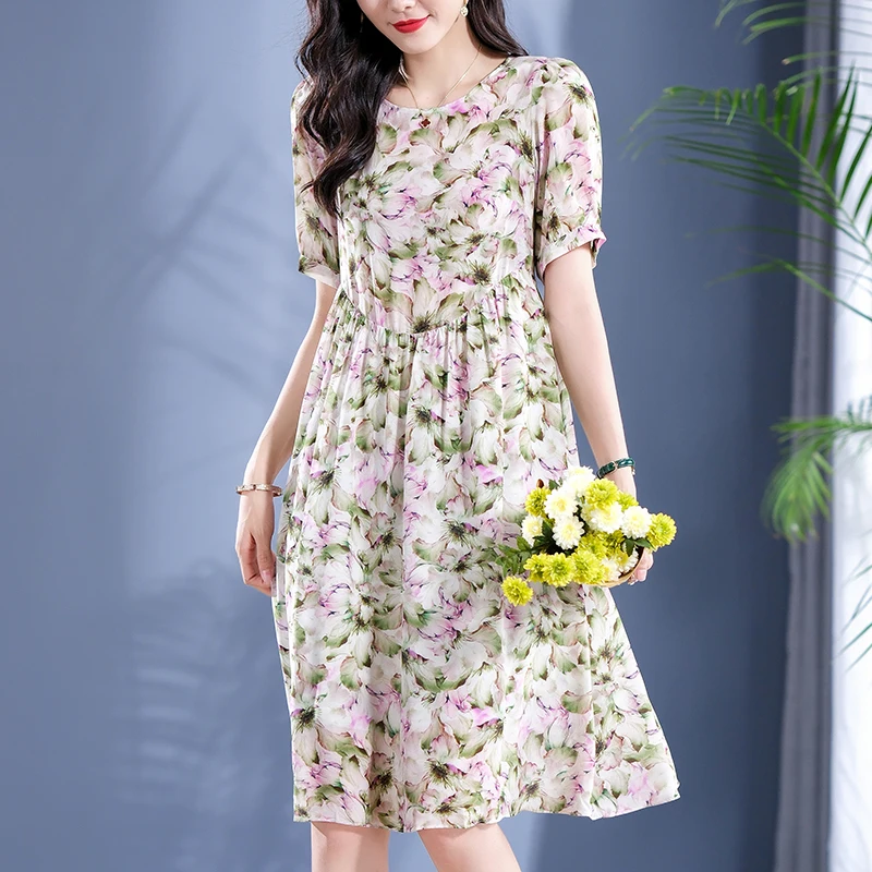 

100% Real Silk Summer Dresses For Women Prairie Chic Short Sleeve Women's Floral Print Dress A-line Woman Elegant Long Dress