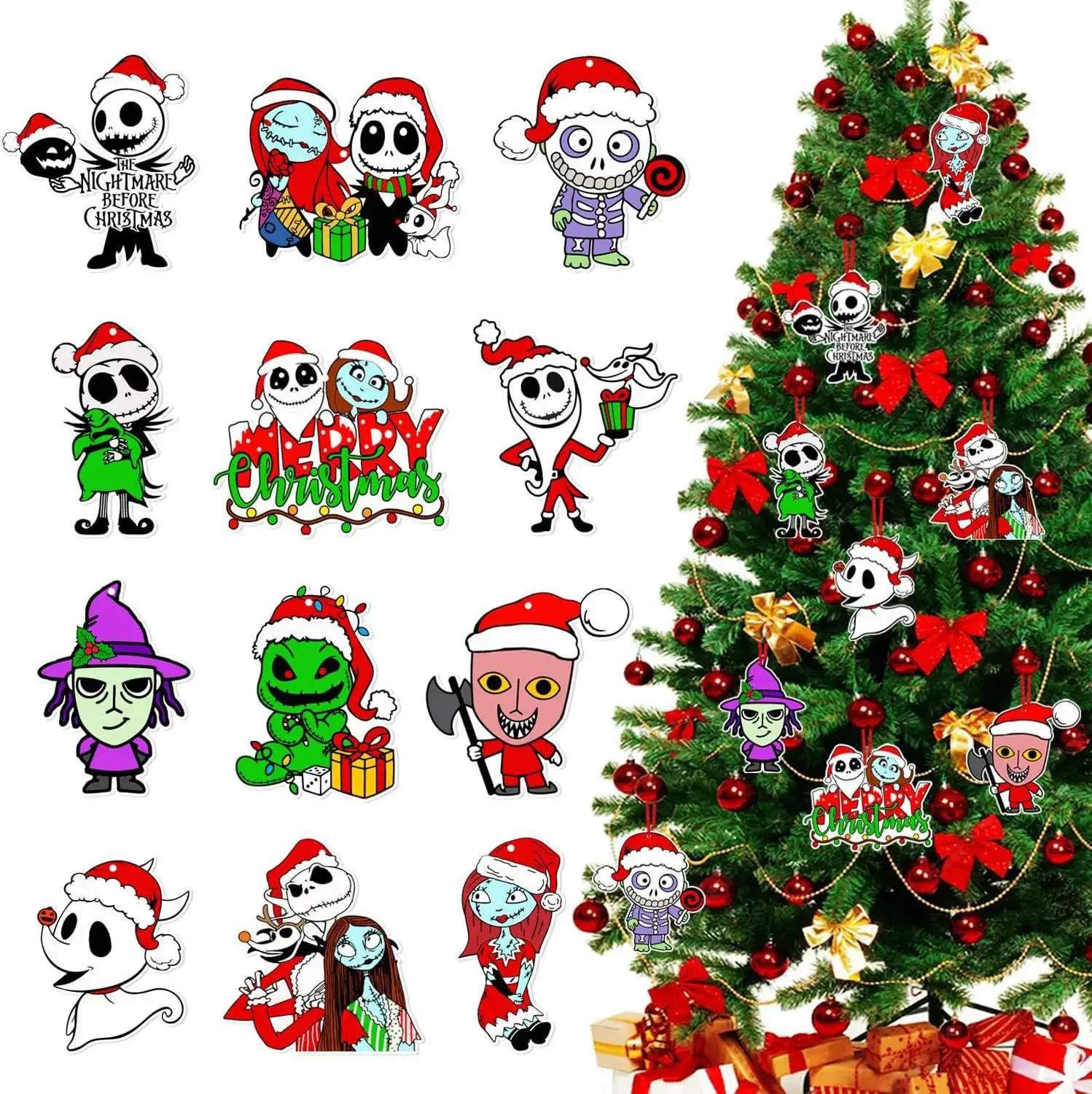 12pcs คริสต์มาสจี้ไม้ Merry Christmas สําหรับตกแต่งบ้าน 2024 Christmas Eve Fright Night จี้เครื่องประดับคริสต์มาสของขวัญ