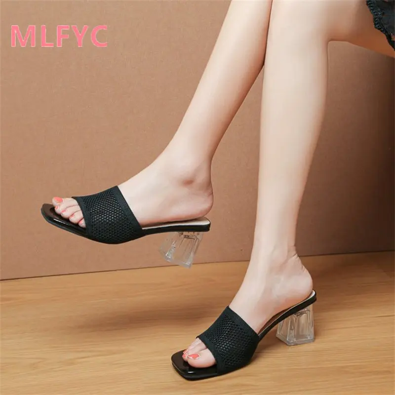 Sandals and slippers ladies wear 2023 new summer square toe square heel high heels women mesh slippers female lazy sandals