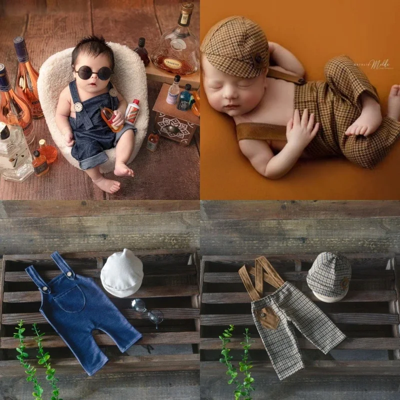 Newborn Photography Props for Baby Boys Clothes Suspenders Pants+Hat Gentleman Set Costume Clothing Studio Shoot Photo Prop