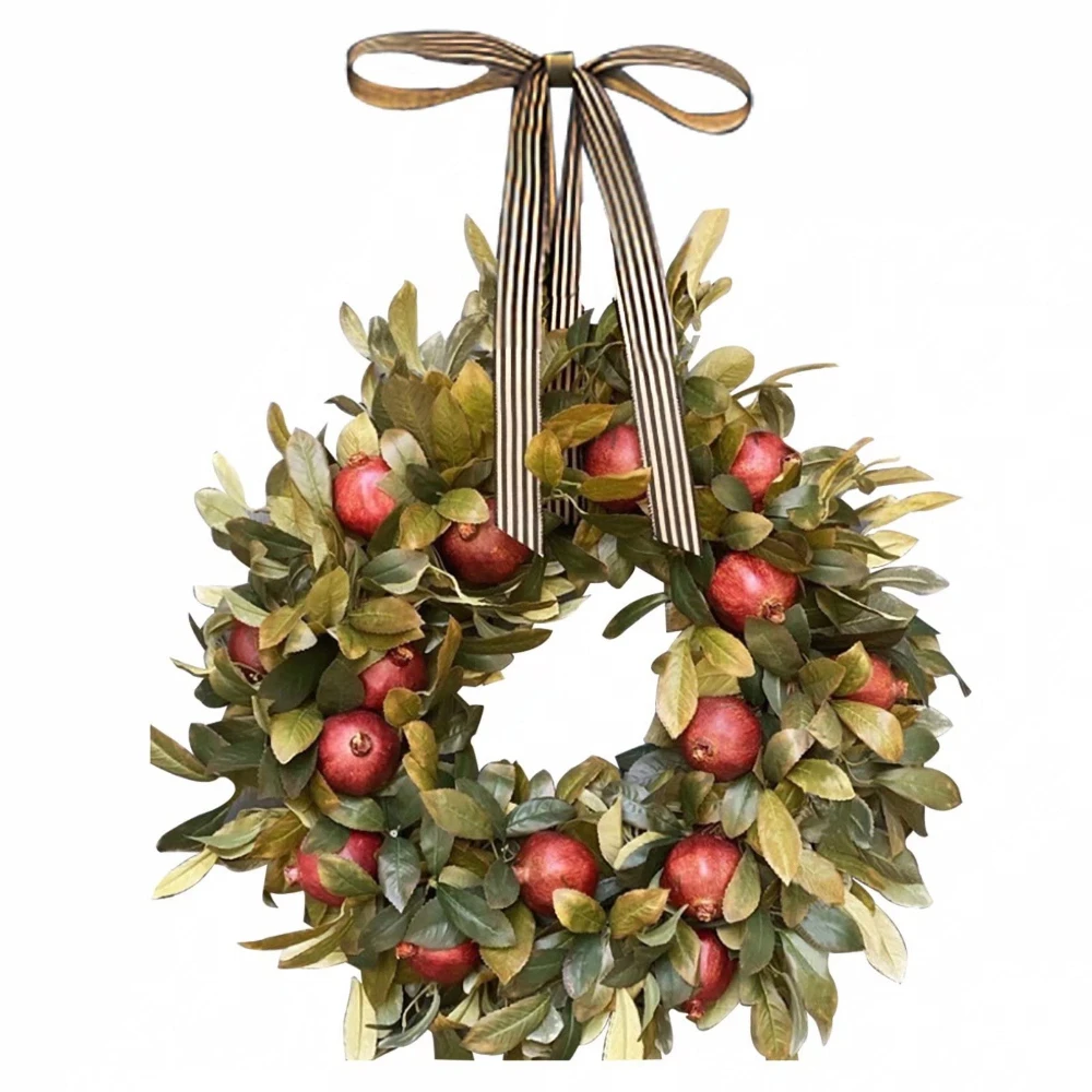 Autumn Fall Front Door Wreath Artificial Pomegranate Fruit Ribbon Bow Realistic Greenery Hanging Onrmanet Part Indoor Outdoor