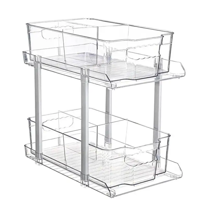 

Bathroom Cabinet Organizer Cupboard Countertop Sliding Basket 2 Tier Clear Under Sink Organizer Bathroom Storage Basket