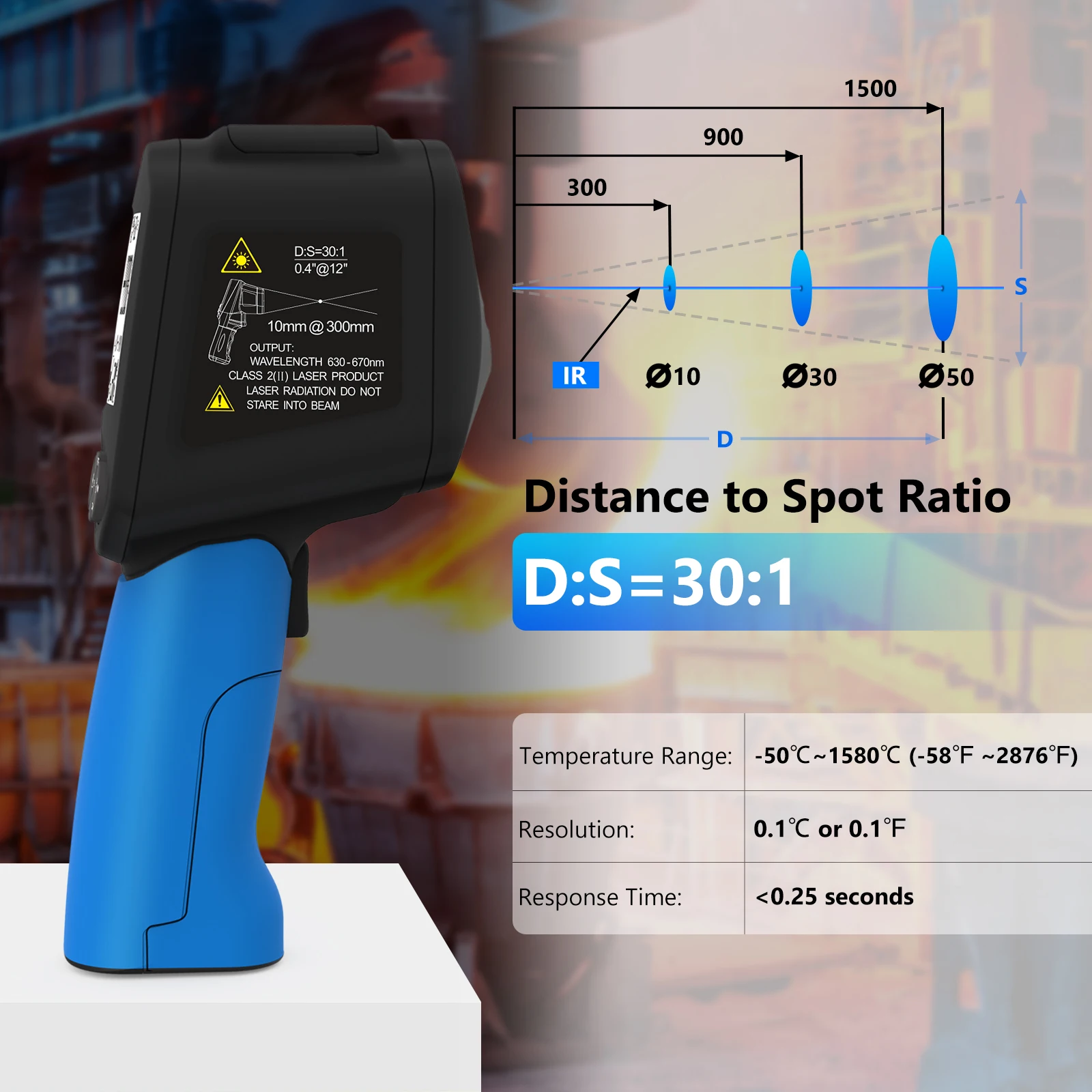 

HP-1580 Infrared Thermometer -50~1580°C 30:1 Dual Laser Adjustable Emissivity Data Recorder Backlight