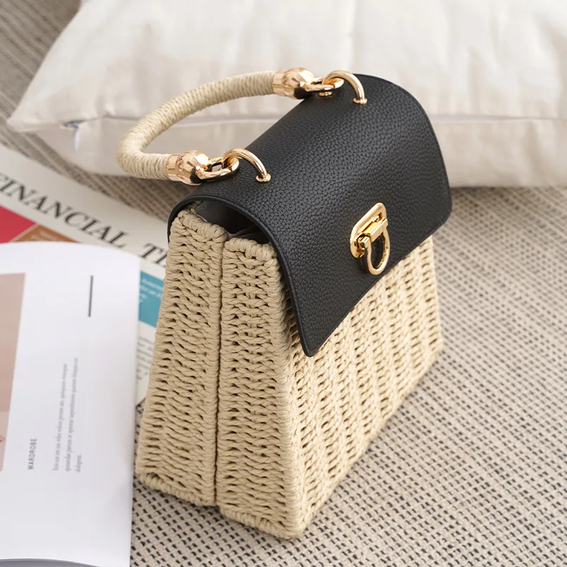 Fashion Straw Box Women Handbags Casual Handmade Weave Summer Beach Bag Chic Lock Small Phone Purses 2024