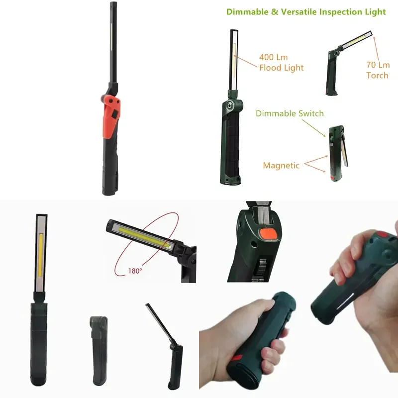 CRI80 LED Rechargeable Dimmable IP20 Portable Workshop Work Light 400 Lumen Inspect Hand Lamp Magnet Hook Flashlight 6000K