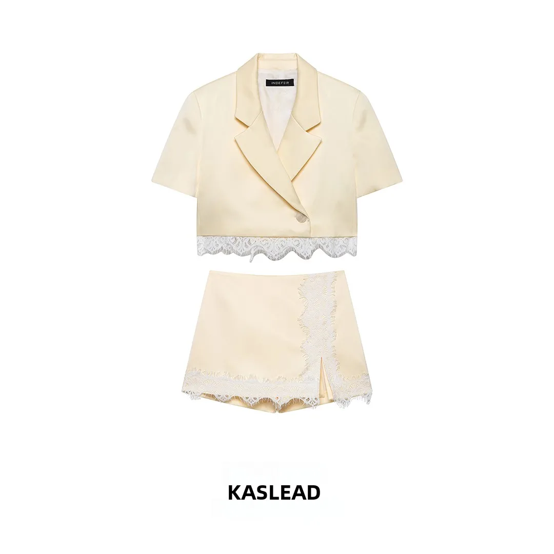 

KASLEAD New Women's Fashion Suit Set with Lace Patchwork Jacket And High Waist Skirt Short Sleeve Summer Outfit