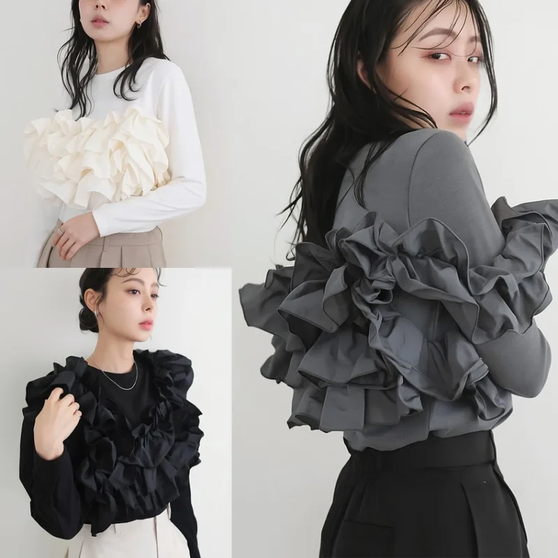 

2025 Autumn New Ruffles Stitching Women's Cotton T-Shirt Korean Chic Casual Multi-Way Wear O-Neck Long Sleeve Tops Ladies Tees