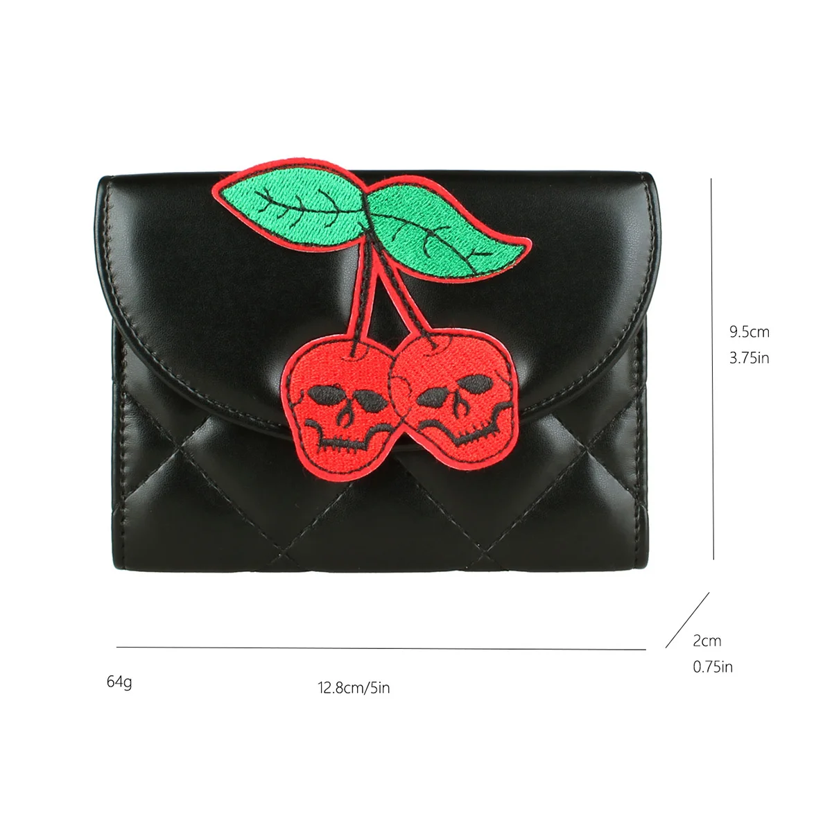 Americana Style Trifold Wallet with Skull Cherry Design, PU Leather Women\'s Halloween Themed Credit Card Holder