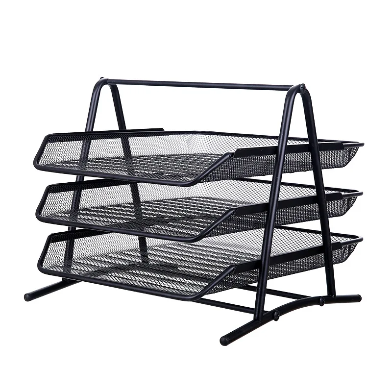 

Hot Office Desk A4 Storage Rack Metal Wrought Iron Three-Layer Finishing Tray File And Stationery Management Basket