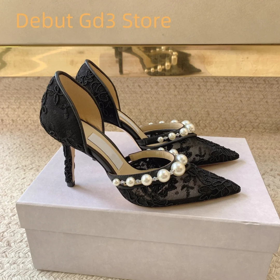 

2024 New Sexy Pointed Fine Heel Pearl High Heels, Hollow Lace High Heels Single Shoes, Versatile Style, Classic Baotou Sandals