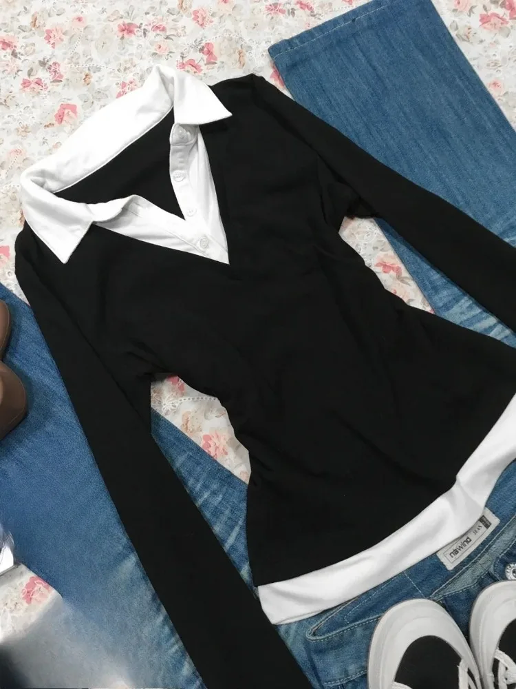 Kimutomo Fake Two Piece Vintage T Shirts Women Turn Down Collar Long Sleeve Slim Vintage Grunge Gothic Female Tops Casual Shirt image 6