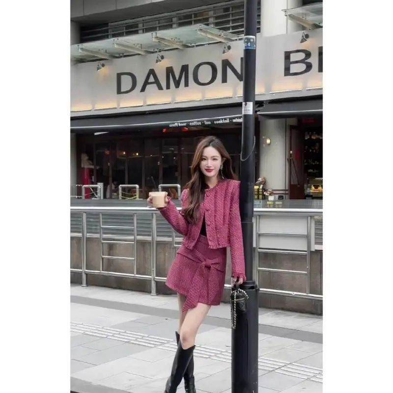 Winter Pink Elegant New Two Piece Set Women Blazer Coat+solid Bow Mini Skirt Female Korean Fashion Designer Mini Skirt Suit 2024