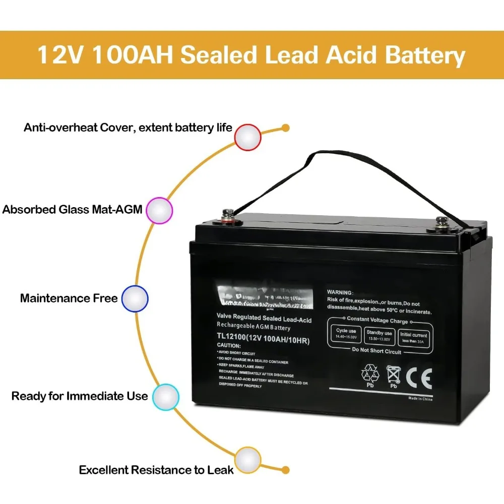 딥 사이클 12볼트 100Ah 배터리, 무보수, 3% 자가 방전율, 최대 방전 전류 1150A, RV에 적합
