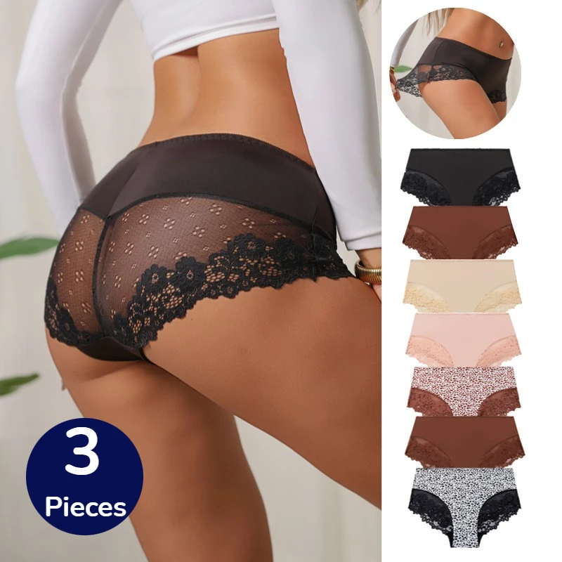 BZEL 3PCS frauen Höschen Leopard Spitze Slip Atmungsaktive Weibliche Unterwäsche Satin Sexy Dessous Süße Bequeme Unterhose Verkauf