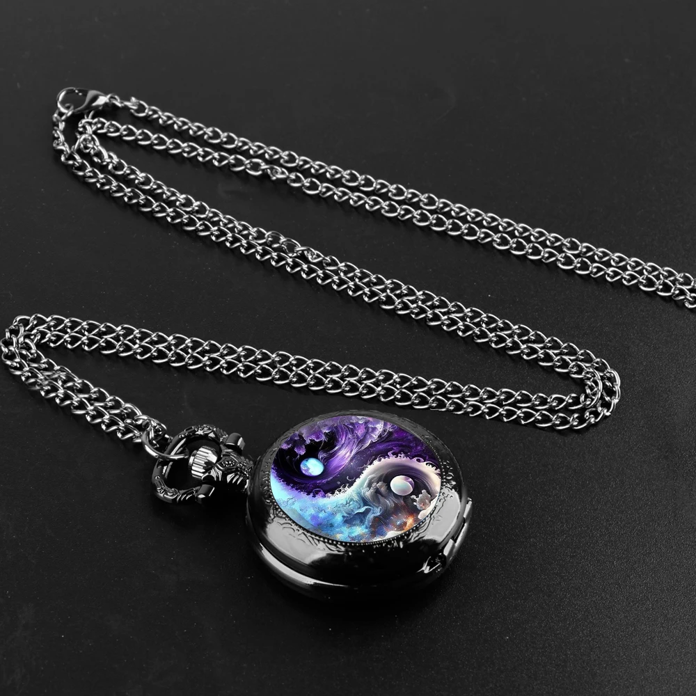 Unique Fashion Personality Quartz Pocket Watch for Women Men Yan and Yang Moon Pattern Pocket&Fob Chain Watches Jewelry Gifts