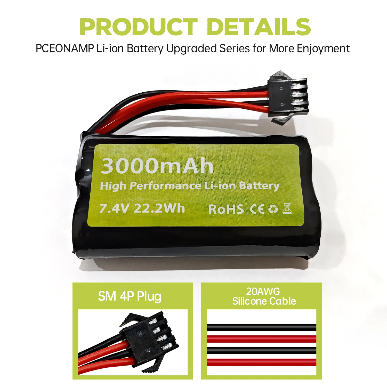 2PCS 7.4V 3000mAh 15C 2S SM-4P Plug Li-ion Battery With USB Charging Cable For EC08 DE85 RC Car, Truck Ship Drone Backup Battery