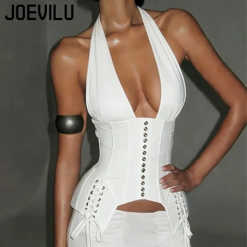 

Женские однотонные топы-халтеры с люверсами, корсетные топы с глубоким V-образным вырезом и косточками, сексуальные утягивающие майки, асимметричные укороченные топы, элегантная одежда