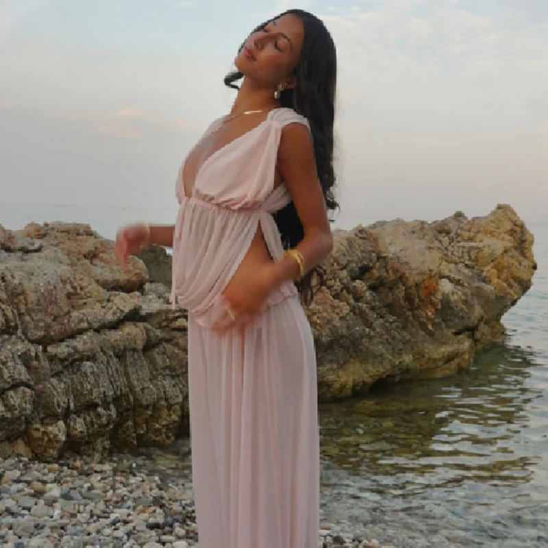 Beach Chiffon Women's Matching Set Sheer V Neck Side Hollow Out Short Top Pant Suits 2026 New Vacation Solid Lady Outfits