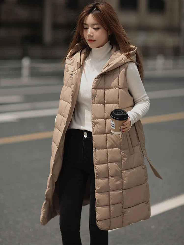 Autumn Winter Waistcoat Women Long Vest Parka Down Cotton-padded Jacket Sleeveless Hooded Outerwear Female Loose Belt Warm Coats