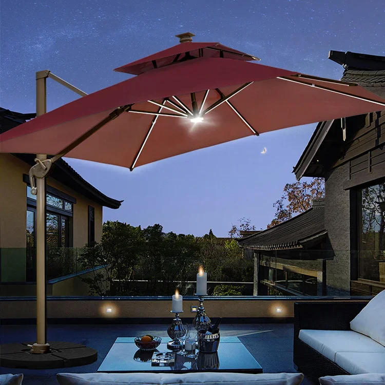 2021 Solar Lights Garden Heavy Duty Patio Parasol Offset LED Commercial Outdoor Umbrella