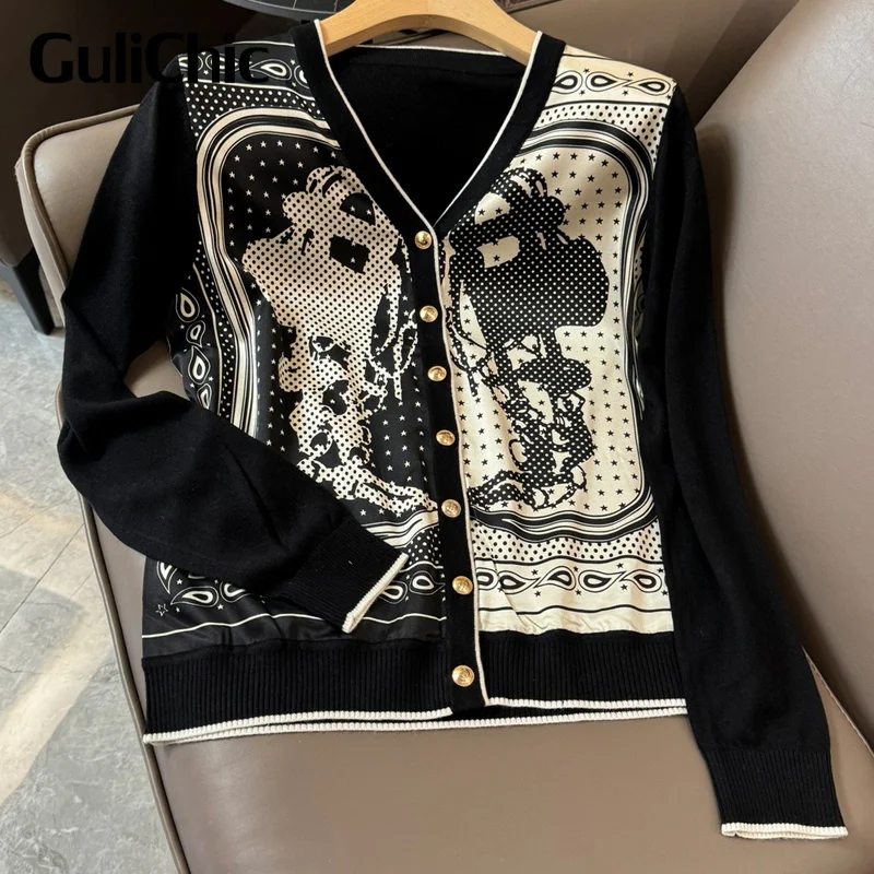 4.16 GuliChic 2024 New Fashion Contrast Color Pattern Print Design Real Silk Spliced Knit V-Neck Metal Button Cardigan Women