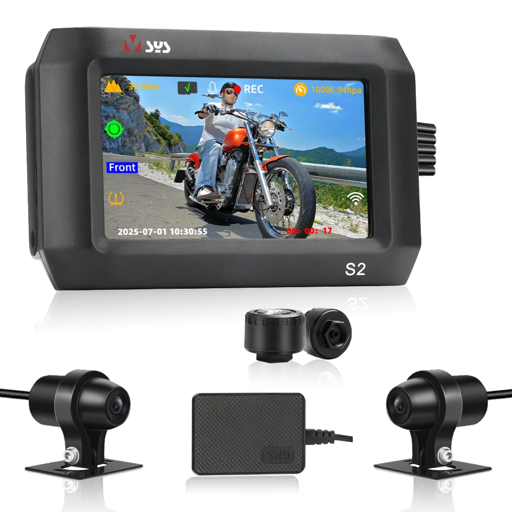 

VSYSTO S2F Pro Motorcycle Dash Cam Dual 1080P Waterproof Cameras, 3" Screen Supports 5G WiFi TPMS GPS Parking Mode 512GB Card