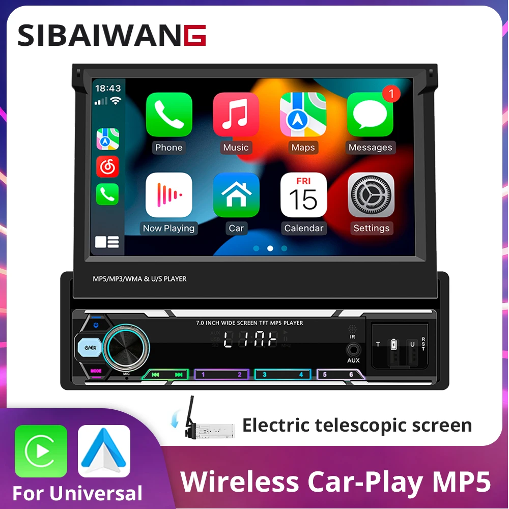 

Wireless Carplay Android auto 1Din Car Radio MP5 PlayerUniversal 7Inch Automatic Retractable Touch Screen 60W*4 FM RDS AUX Input