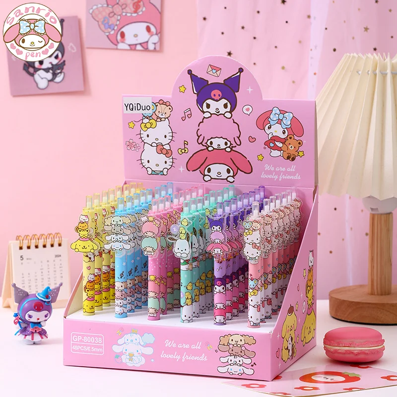 New Sanrio 48pcs Gel Gel Cartoon Hello Kitty Cinnamoroll Melody Acrylic Patch Writing Pen 0.5 Black Student High Value Gift Pen