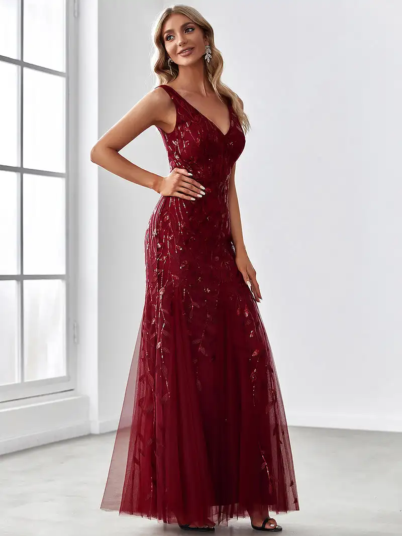 Elegant Evening Dresses Mermaid Sleeveless V-Neck Sequin 2023 of Burgundy Luxury Prom Dress Bridesmaid dress