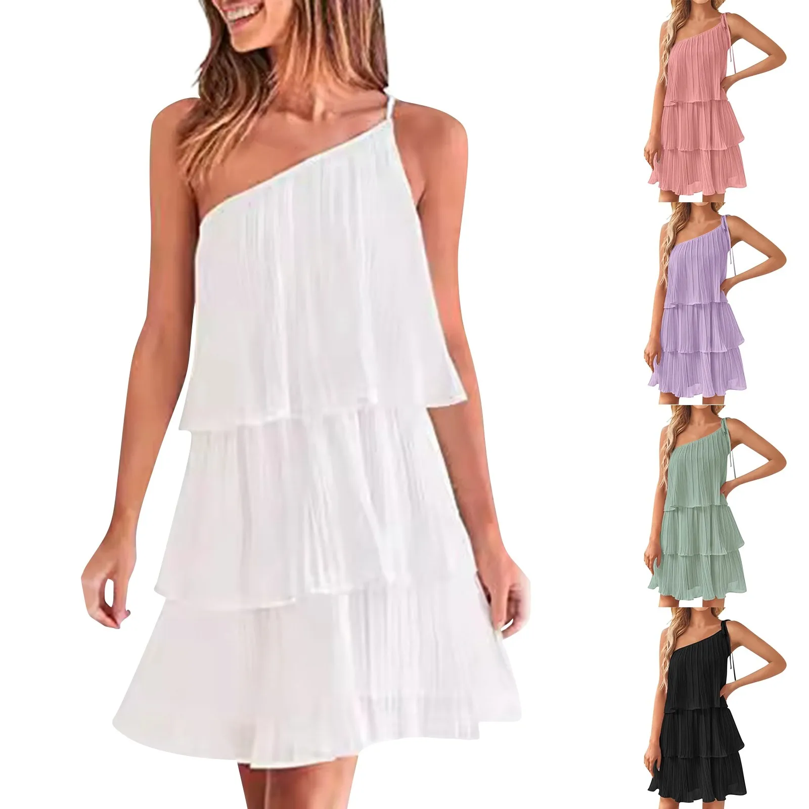 Summer Vacation Dresses Casual Strapless Strappy Multi-Layered Cake Skirt Mini Dress Fashion Trend Lightweight Thin Comfy Dress