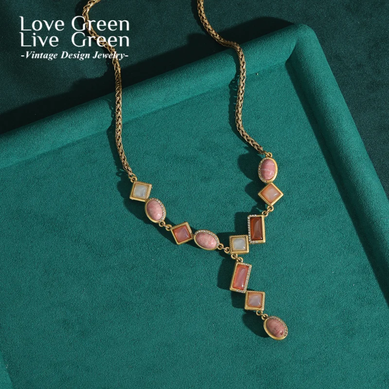 

Vintage Water Droplet Pink Necklaces For Woman Natural Stone Ross Quartz Cat Eye Gold Color Luxury High Quality Wedding 2025
