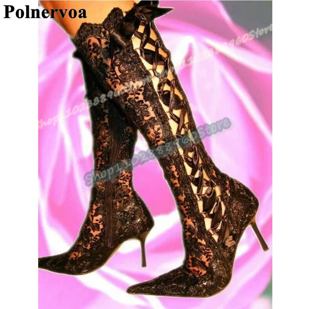 

Knee High Black Lace Cross Tied Pointy Boots Stilettos High Heel Shoes For Women Side Zipper Pointed Toe Party Stylish Boots
