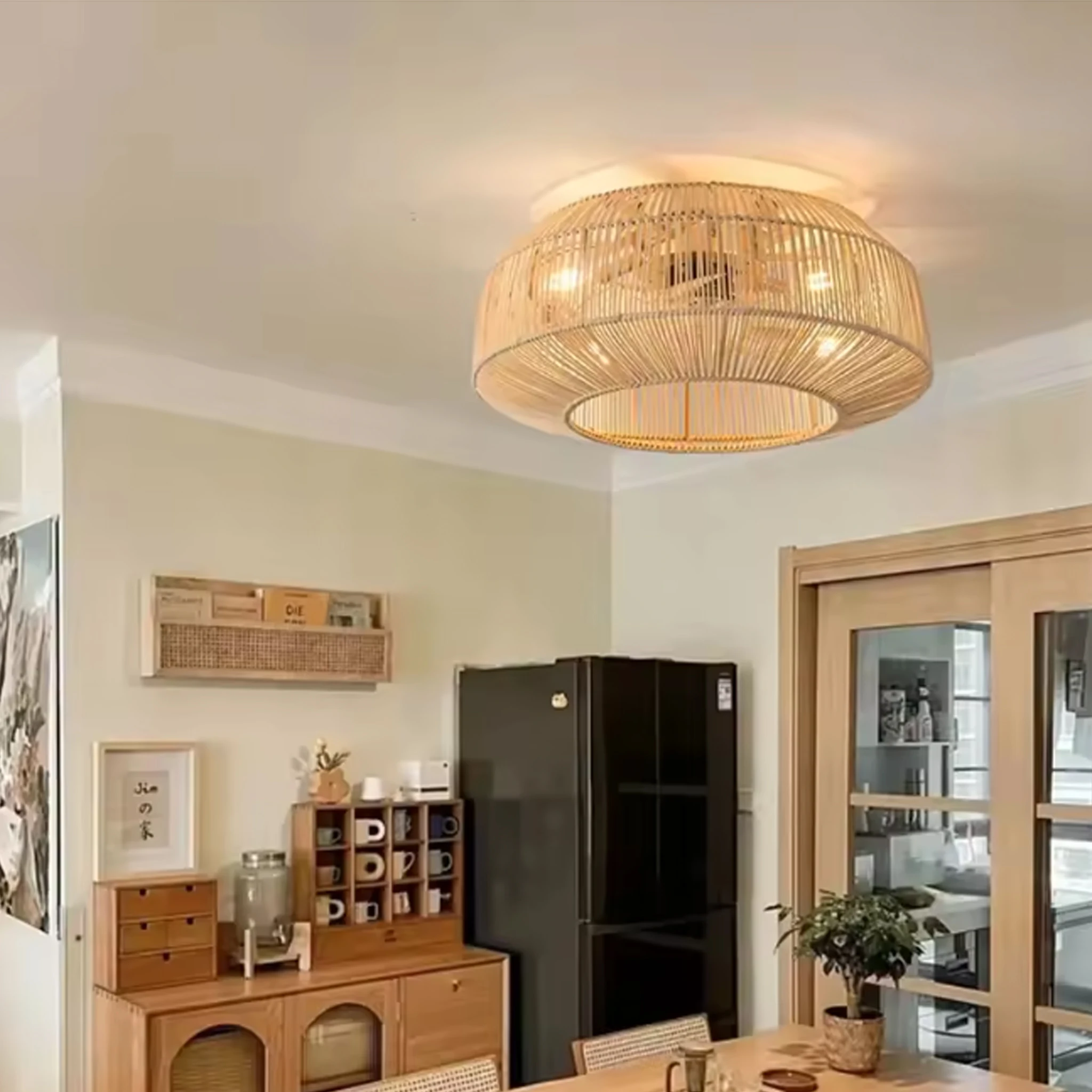 Boho Rattan Ceiling Fan Lights Remote Control Reversible DC Fan Bedroom Ventilator Farmhouse Ceiling Fan for Indoor Lighting