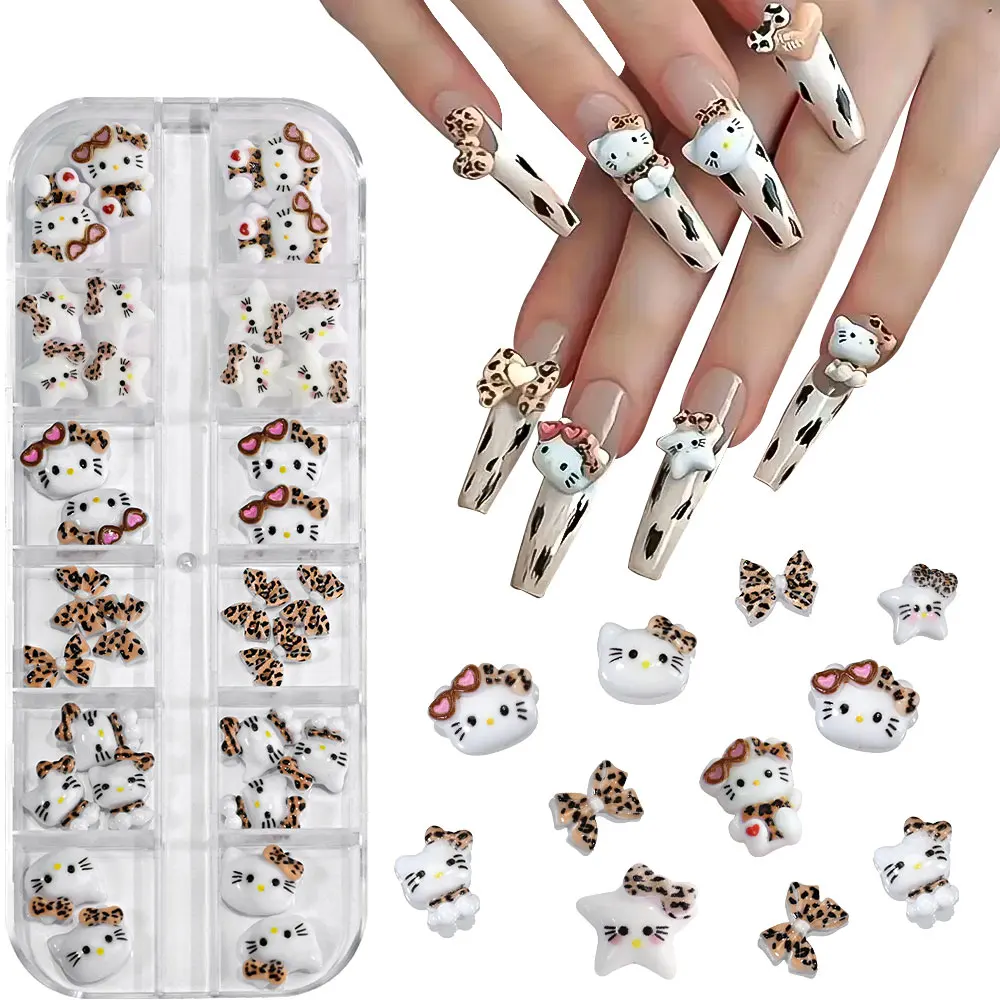 12 グリッドチョコレートヒョウ柄ハローキティネイルチャーム樹脂秋冬シリーズかわいい漫画ネイルデコレーションマニキュア DIY