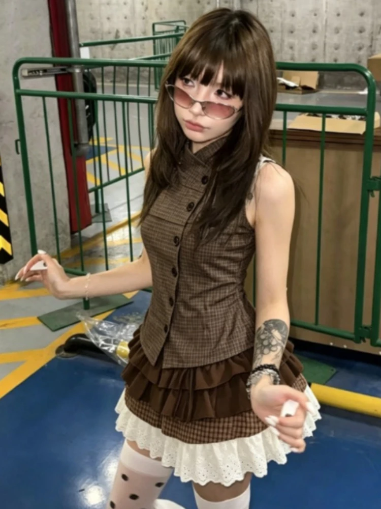 Y2K Daily Summer Hot Girl 2Pcs Suit Women Retro Plaid Short Sleeve Blouse High Waist Pleated Skirt Harajuku Streetwear 2026 view 4