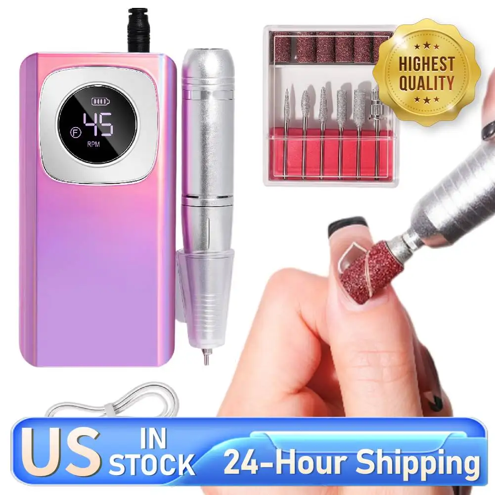 

45000RPM Electric Nail Drill Machine Rechargeable Cordless E-File W/Bits Kit Portable Nail File for Acrylic Gel Polishing Removi