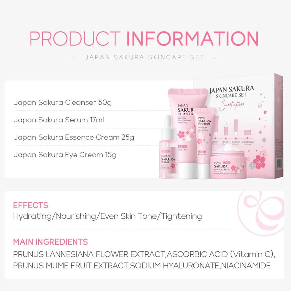 Japan Blossom-Ensemble de soins du visage, essence nettoyante, crème pour les yeux, crème pour le visage, coffret de soins de la peau, coffret cadeau, jour du Léon, 4 pièces