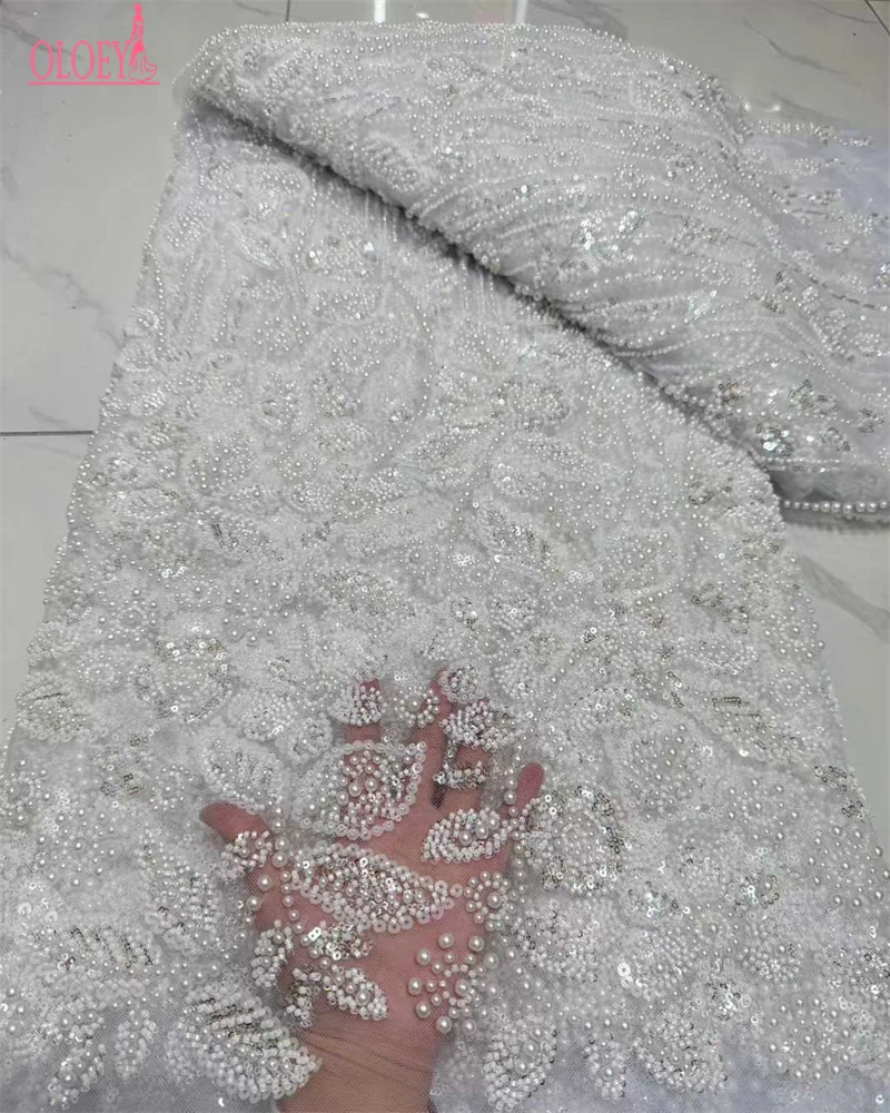 

OLOEY 5 ярдов африканская кружевная ткань с блестками и бисером, высокое качество, нигерийское кружево во французском стиле для одежды, поделки своими руками