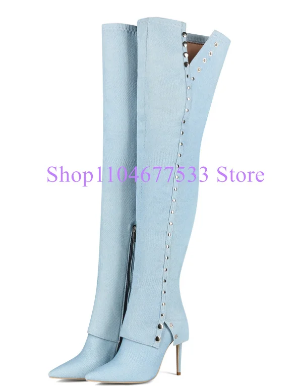 

Blue Denim Thin Heel Rivets Woman Long Boots Sexy Pointed Toe Spikes Large Size Lady Over the Knee Boots Female Banquet Shoes