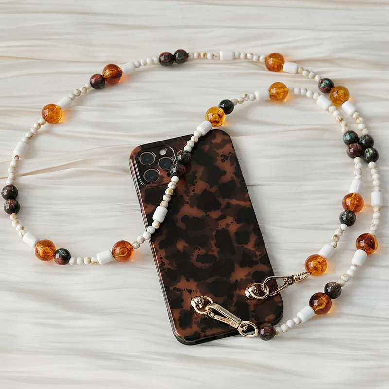 New Phone Accessory Cellphone Chain Anti Lost Universal Amber Beaded Lanyard Shoulder Neck Crossbody SmartPhone Strap Case Chain