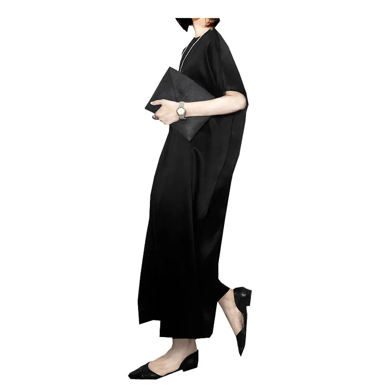 Satin Triacetate Spring Summer Lady Round Neck Short-sleeved Dress Black Silky Bright Pull-over Long Skirt Temperament Elegant