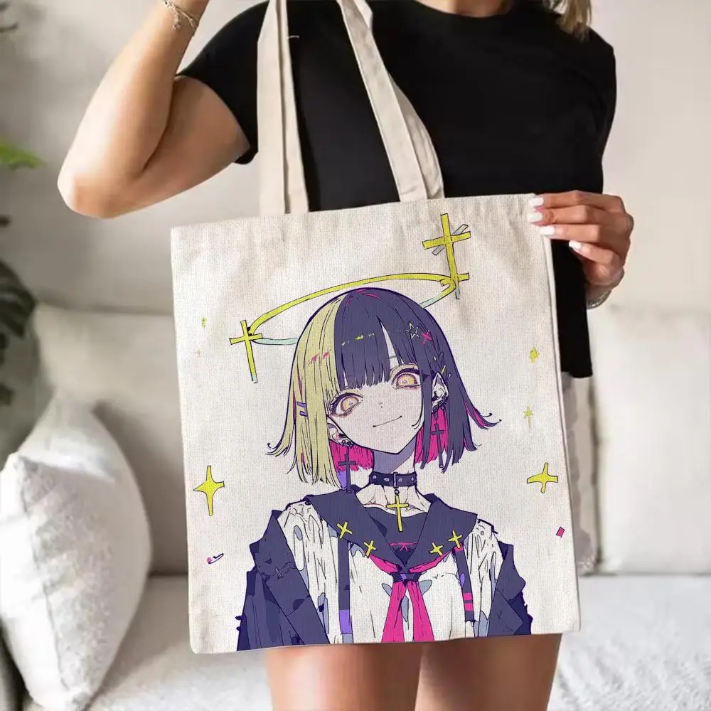 Cyberpunk Style Angel Girl Storage Bags Double-Sided Printed Canvas Tote Bag Eco-Friendly Reusable Large Capacity Handbag