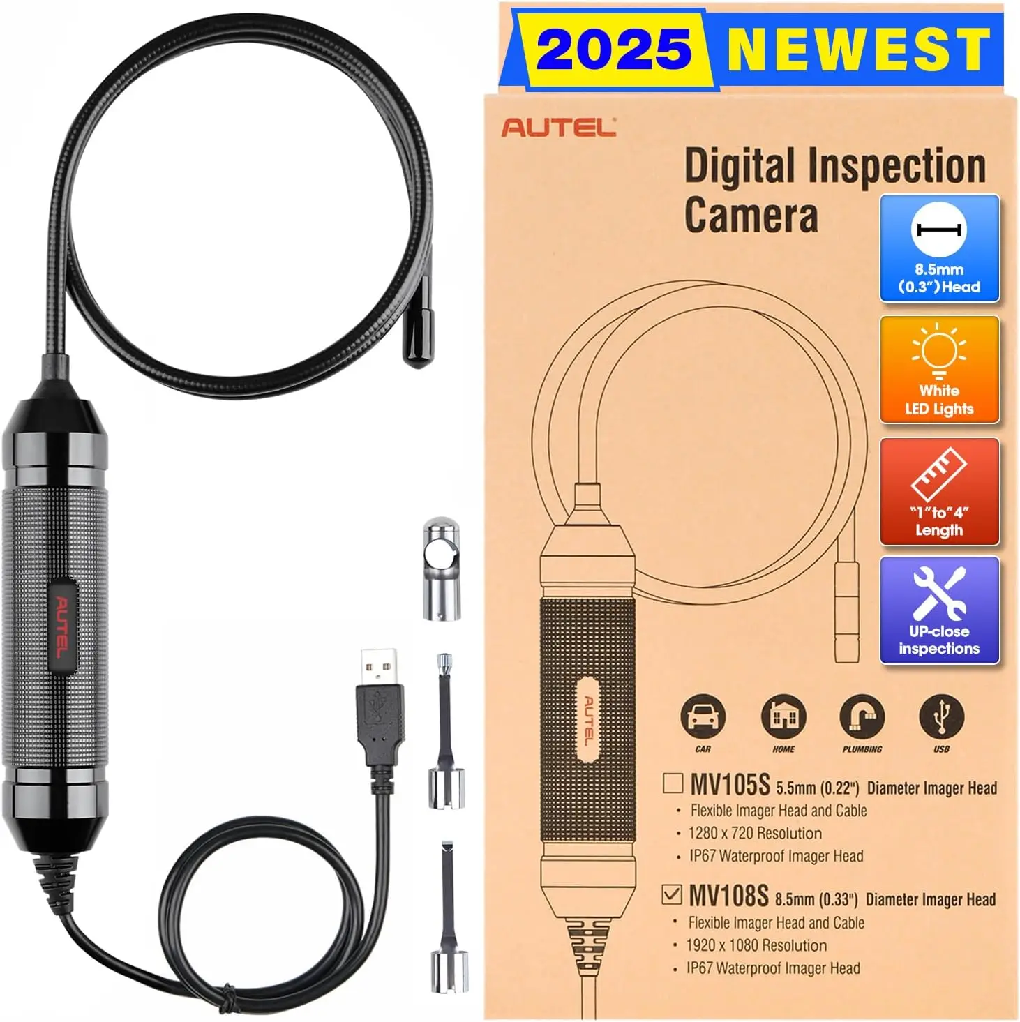 

Цифровая инспекционная камера MaxiVideo MV108S, 2 МП, водонепроницаемость IP67, гибкий кабель 39,37 дюйма, совместимая со сканером и ПК