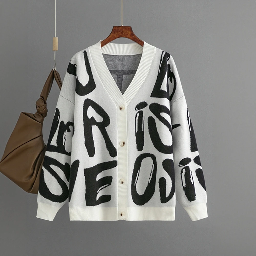 Damski sweter rozpinany z żakardowym wzorem liter, długi rękaw, zapinany na jeden guzik, odzież wierzchnia jesienno-zimowa, styl europejsko-amerykański.