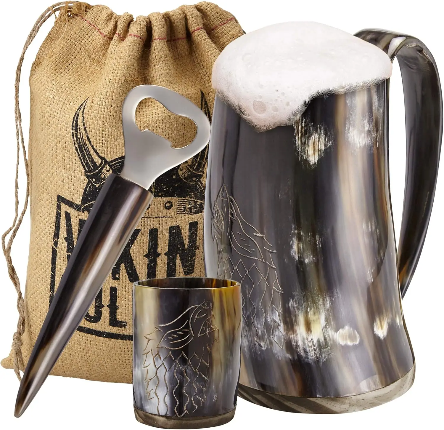 

Authentic Viking Horn Mug Set with Shot Glass & Opener - Handcrafted Gift for Men, Christmas Present