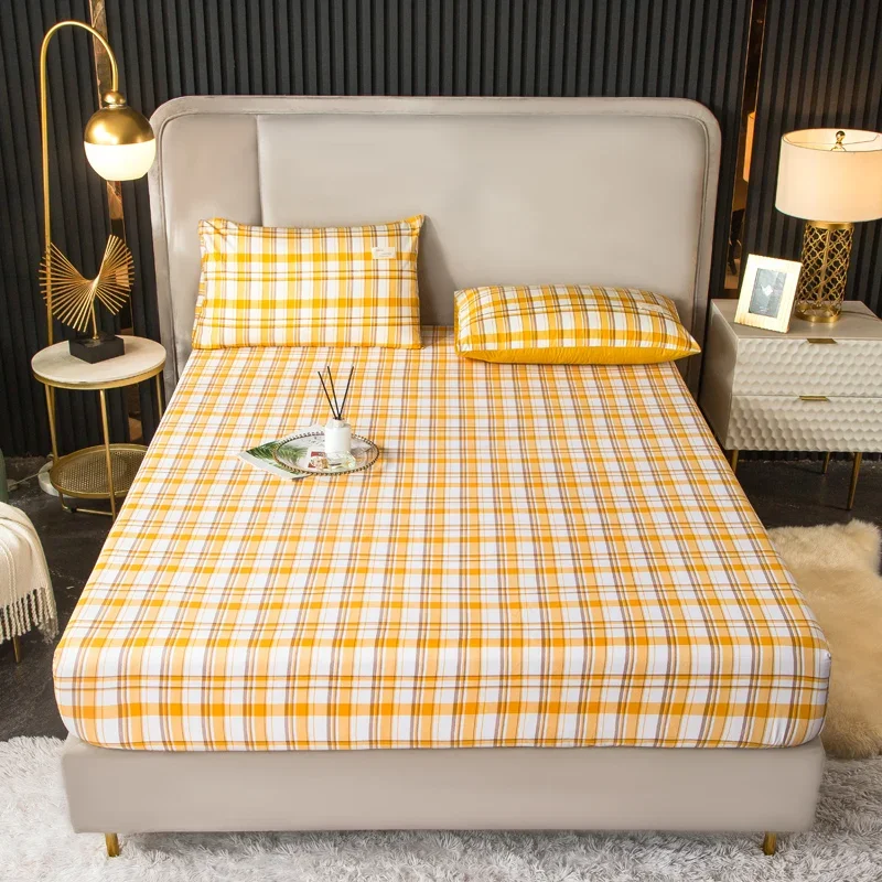 

Yellow Grid Fitted Sheet Set Checkered Pattern Mattress Cover Sheet Four Corners with Elastic Band Sheet Bedspreads Home Decor