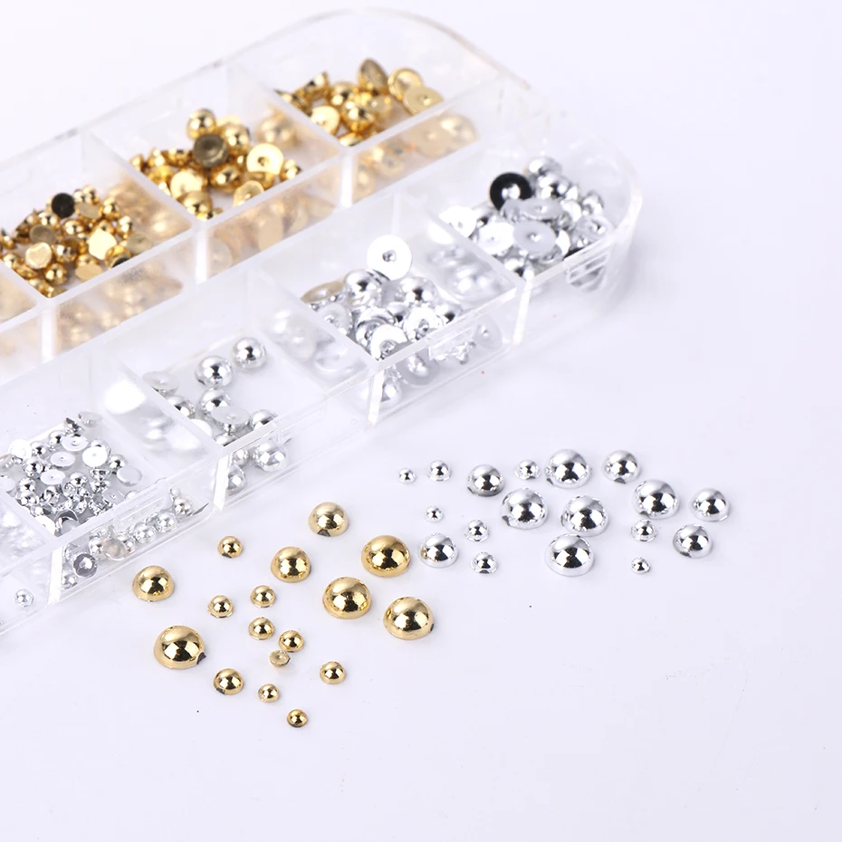 อุปกรณ์ตกแต่งเล็บมุกทรงแบนครึ่งวงกลมสีทองเงินแบบผสม 12 ช่อง สำหรับตกแต่งเล็บ 3 มิติ