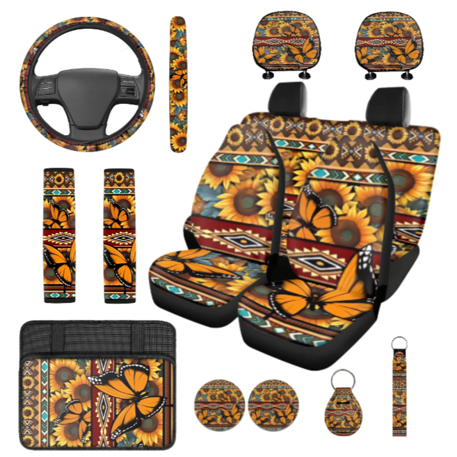 Coloranimal Sunflower Pattern 14 Pcs Cars Accessories Set with Comfortable Steering Wheel Cover and Center Console Cover