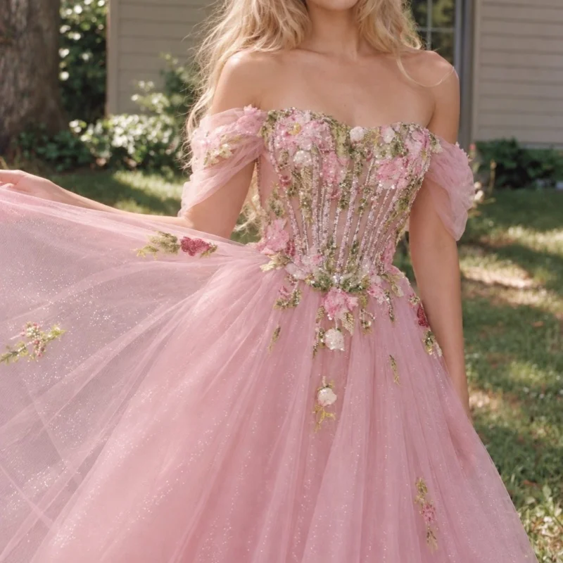 Pink Women's Dresses for Party Robe Prom Gown Turkish Sequin Flower Decal Evening Gowns Glitter Long Suitable Request