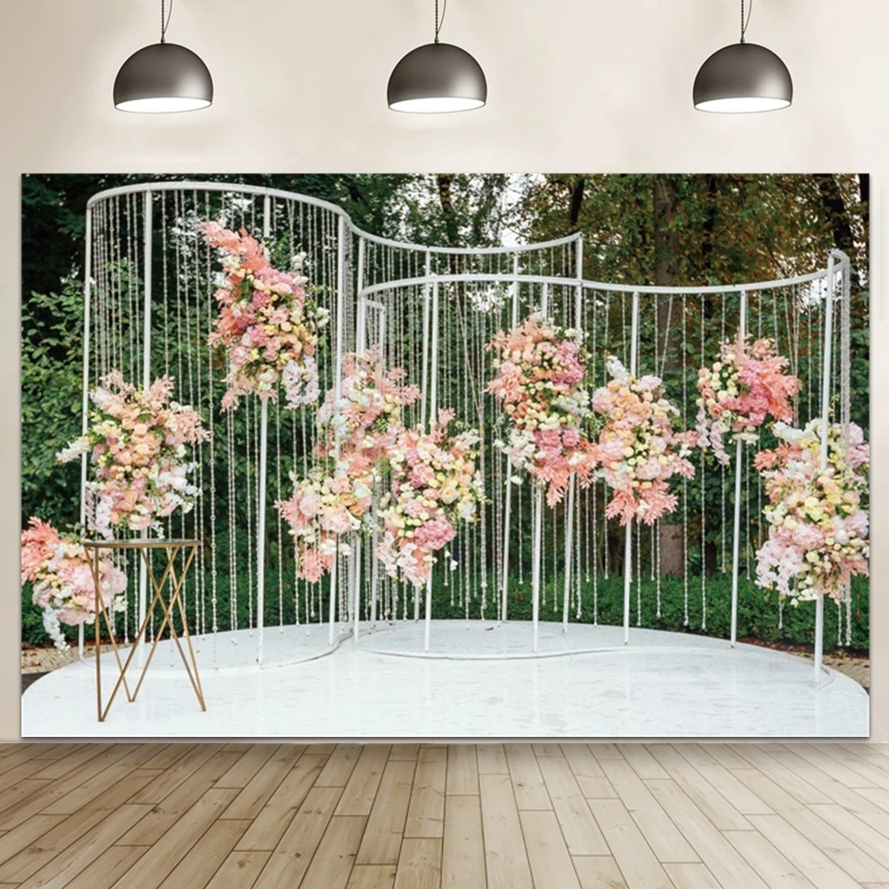 Fondo de fotografía de escena de césped de boda flor césped primavera espectáculo nupcial pared de flores cortina blanca telón de fondo de fiesta de cumpleaños